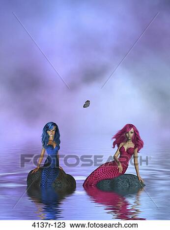 One blue mermaid and one pink mermaid sitting on rocks in the middle of the ocean View Large Photo Image Stock Image - One blue mermaid and one pink mermaid sitting on rocks in the middle of the ocean. Fotosearch
