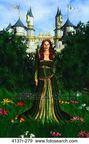 Princess wearing a green dress standing in front of a castle View Large Photo Image Stock Photo - Princess wearing a green dress standing in front of a castle. Fotosearch
