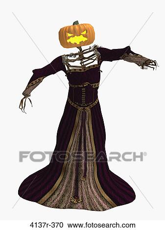 Stock Image - Scary pumpkin woman wearing a dress. Fotosearch