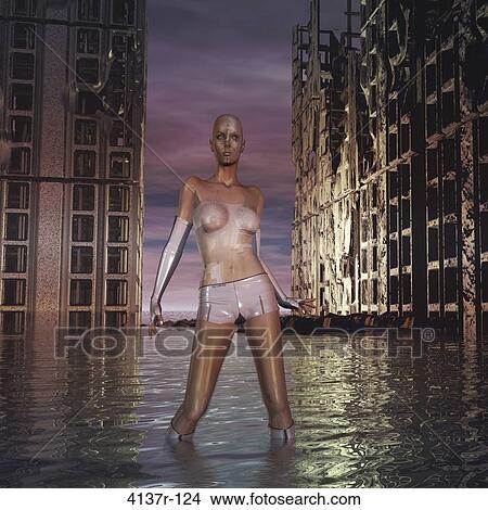 Picture - Sci Fi cyborg woman standing by a ruined city underwater. Fotosearch