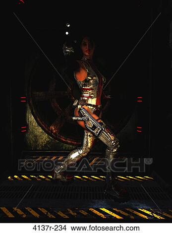 Sci fi female holding a gun View Large Photo Image Picture - Sci fi female holding a gun. Fotosearch