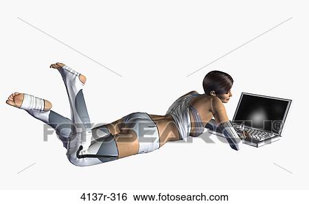 Sci fi woman laying down in front of a laptop View Large Photo Image Stock Photograph - Sci fi woman laying down in front of a laptop. Fotosearch