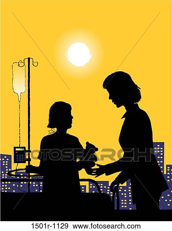 Stock Photo - Silhouette of girl and woman in hospital window, illustration. Fotosearch