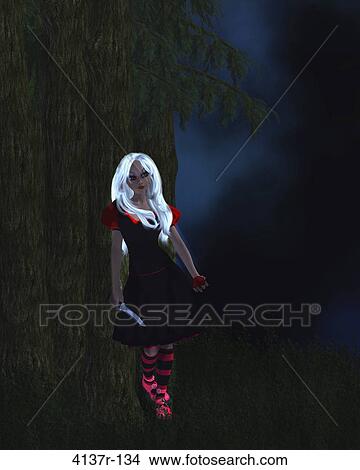 Snow white standing next to a tree, holding a knife and an apple. View Large Photo Image Picture - Snow white standing next to a tree, holding a knife and an apple.. Fotosearch