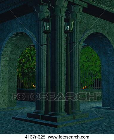 Stock Photography - Street corner with street lamps outdoors near trees. Fotosearch