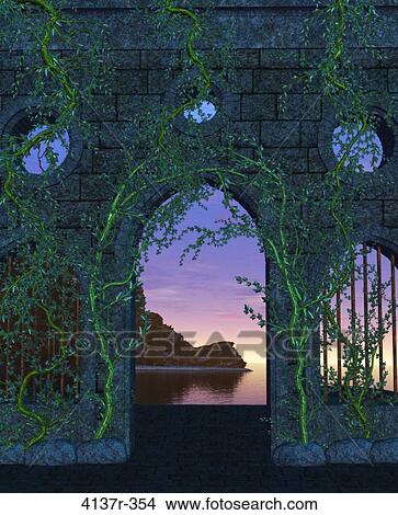Sunset view overlooking the ocean through stone and vined walls. View Large Photo Image Picture - Sunset view overlooking the ocean through stone and vined walls.. Fotosearch