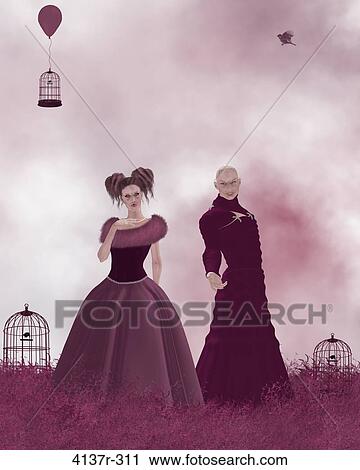 Surreal science fiction man asking female for her hand with a birdcage being carried away by a balloon View Large Photo Image Stock Image - Surreal science fiction man asking female for her hand with a birdcage being carried away by a balloon. Fotosearch