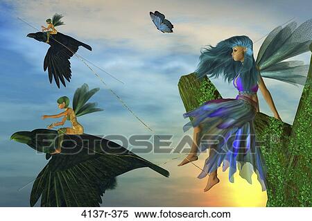 Two fairies sitting on ravens capturing another fairy View Large Photo Image Stock Photography - Two fairies sitting on ravens capturing another fairy. Fotosearch