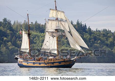 Stock Image - USA, Washington, Brownsville, tall ship. Fotosearch