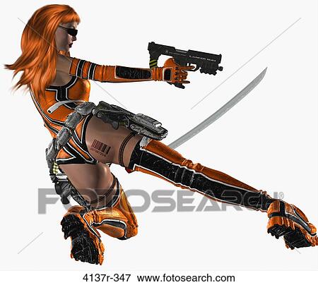 Woman leaning, holding a gun and sword View Large Photo Image Stock Photo - Woman leaning, holding a gun and sword. Fotosearch