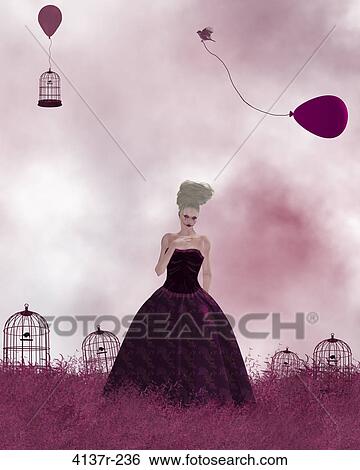 Woman standing in a pink field of grass with birdcages and balloons View Large Photo Image Stock Photograph - Woman standing in a pink field of grass with birdcages and balloons. Fotosearch