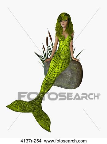 Yellow mermaid sitting on a rock with cattails on a white background View Large Photo Image Picture - Yellow mermaid sitting on a rock with cattails on a white background. Fotosearch