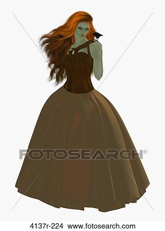 Picture - Young girl dressed in a gown holding a small bird. Fotosearch