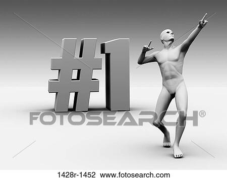 Stock Image - #1 Block Letters with Statue Figure Celebrating Number One. Fotosearch