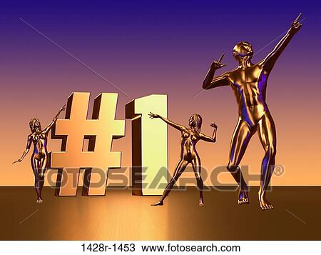 Stock Image - 3 Golden Statues Figures Celebrate Number One (#1 ). Fotosearch