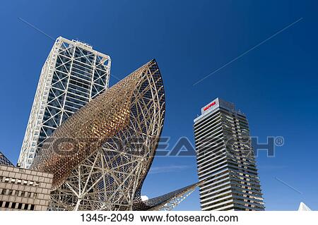 Spain, Barcelona, La Barceloneta, Olympic Harbour, Golden fish by Frank Owen Gehry, Hotel Arts and Mapfre Tower View Large Photo Image Stock Photo - Spain, Barcelona, La Barceloneta, Olympic Harbour, Golden fish by Frank Owen Gehry, Hotel Arts and Mapfre Tower. Fotosearch