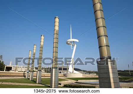 Spain, Barcelona, Montjuic, Telefonoca Tower by architect Santiago Calatrava View Large Photo Image Stock Photography - Spain, Barcelona, Montjuic, Telefonoca Tower by architect Santiago Calatrava. Fotosearch