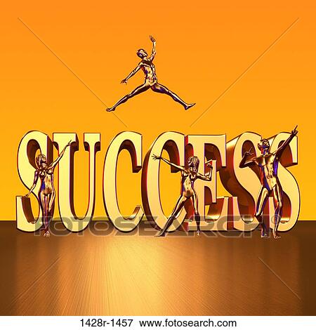 Stock Photo - Success 4 Golden Figures Celebrate on front of Success Block Letters. Fotosearch