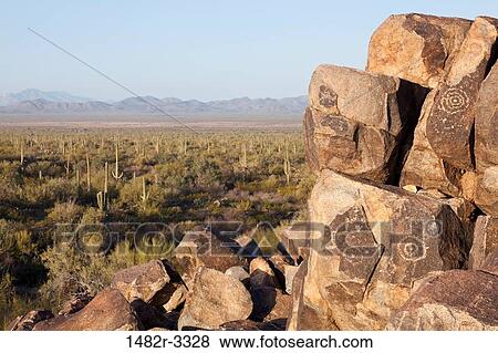 USA, Arizona, Tucson, Saguaro National Park, Hohokam Petroglyph View Large Photo Image Stock Photo - USA, Arizona, Tucson, Saguaro National Park, Hohokam Petroglyph. Fotosearch