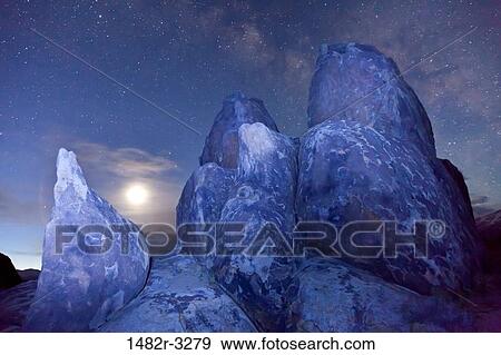 USA, California, Predawn sky with moon, Alabama Hills, near Lone Pine View Large Photo Image Stock Photo - USA, California, Predawn sky with moon, Alabama Hills, near Lone Pine. Fotosearch