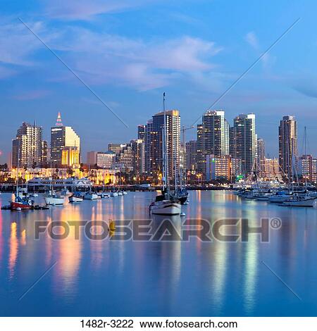 Stock Image - USA, California, San Diego, San Diego skyline across harbor. Fotosearch