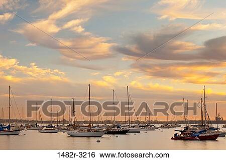 Stock Photograph - USA, California, San Diego, Embarcadero, Sailboats in harbor at sunset. Fotosearch