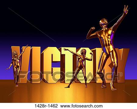 Stock Image - Victory gold block lettering with three gold figures. Fotosearch