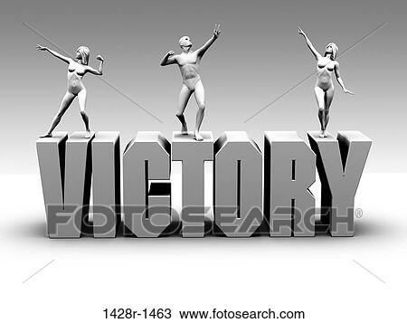 Stock Image - Victory white block lettering with three white figures. Fotosearch