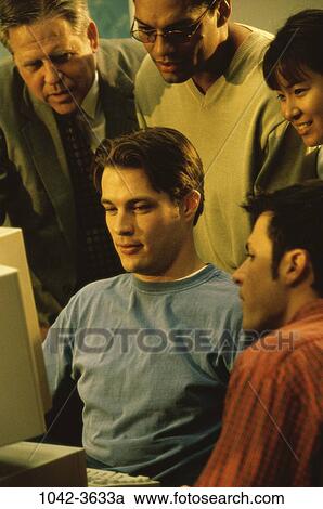 Stock Image - group, multiethnic, people, teacher, school, computer, diversity. Fotosearch