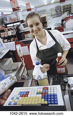 Stock Photography - industry, woman, shopping, store, grocery, food, cashier. Fotosearch