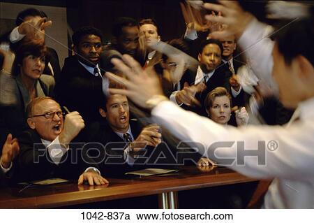 Stock Image - meeting, group, multiethnic, blur, anger, shouting. Fotosearch
