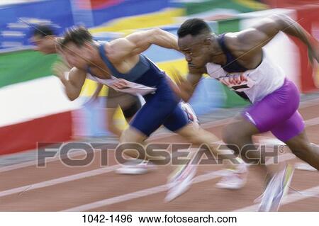 Stock Photograph - men, running, track, racing, motion, sports. Fotosearch