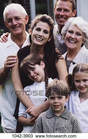Stock Image - people, smiling, happy, outdoors, smile, family, generations. Fotosearch