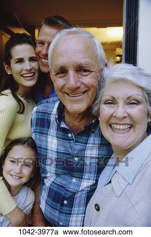 Stock Image - people, smiling, outdoors, joyous, smile, family, generations. Fotosearch