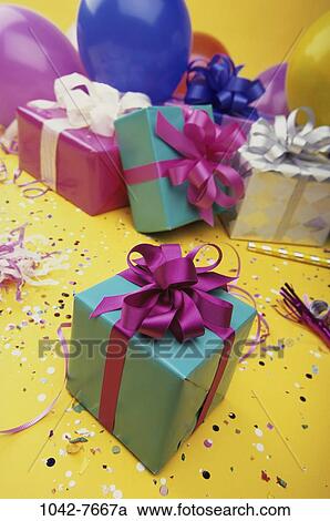 Stock Image - , celebration, wrapped, balloons, festive, confetti, streamers. Fotosearch