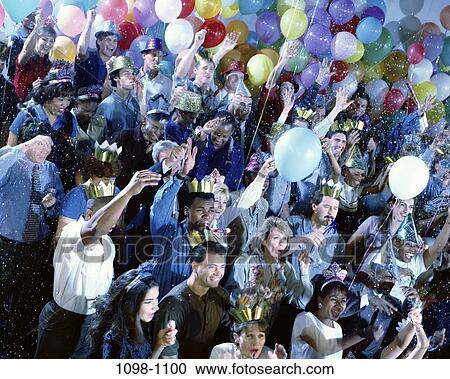 Stock Image - group, people, party, celebration, excitement, balloons, birthday. Fotosearch