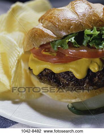 hamburger, bun, dish, food, chips, fast food, fast View Large Photo Image Stock Image - hamburger, bun, dish, food, chips, fast food, fast. Fotosearch
