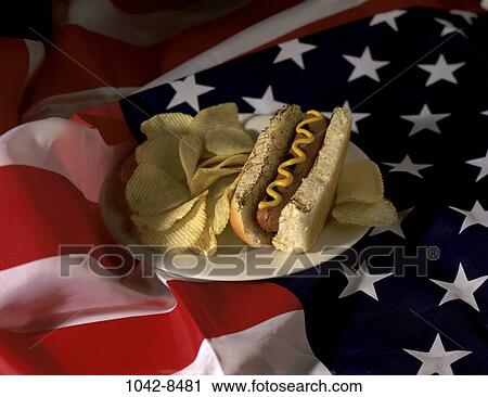 Stock Image - mustard, plate, Americana, bun, food, chips. Fotosearch