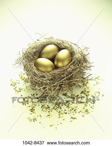 Stock Photo - nest, gold, golden, wealth, lying, eggs, luck. Fotosearch