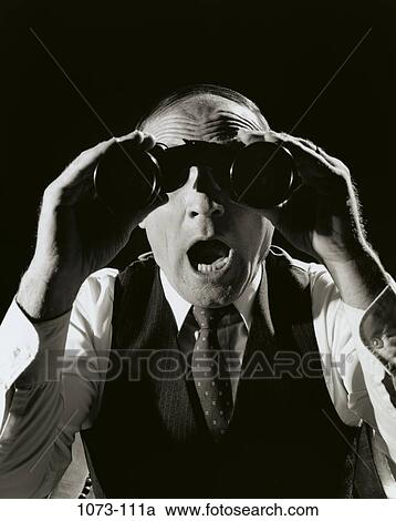 Stock Image - people, binoculars, awe, curious, Middle-aged, surprise. Fotosearch