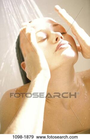 Stock Photo - people, water, woman, face, hair, shower, seminude. Fotosearch