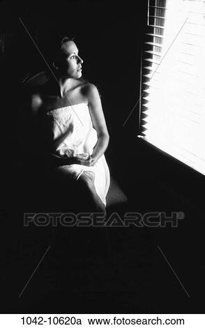 people, woman, window, towel, contemplating, beauty, black and white View Large Photo Image Stock Image - people, woman, window, towel, contemplating, beauty, black and white. Fotosearch