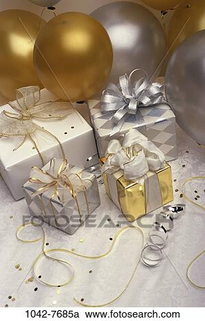 silver, wrapped, balloons, festive, confetti, streamers, gifts View Large Photo Image Stock Image - silver, wrapped, balloons, festive, confetti, streamers, gifts. Fotosearch