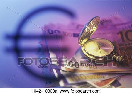 Stock Image - watch, still life, pocket watch, currency, euro, financial still life, European. Fotosearch