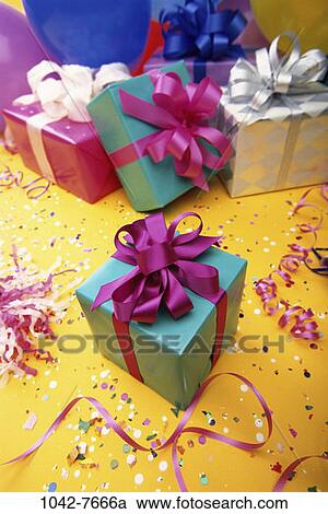 wrapped, assorted, birthday, festive, confetti, streamers, gifts View Large Photo Image Stock Image - wrapped, assorted, birthday, festive, confetti, streamers, gifts. Fotosearch