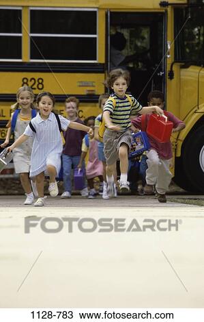 Stock Image - group, multiethnic, people, running, rush, school, outdoors. Fotosearch