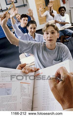 Stock Image - group, multiethnic, people, school, raised, enthusiastic, classroom. Fotosearch