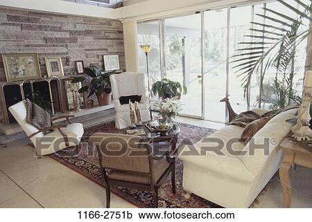 Stock Image - home, couch, sofa, residential, fireplace, architecture. Fotosearch
