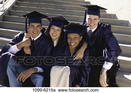 Stock Image - multiethnic, people, stairs, sitting, outdoors, friends. Fotosearch