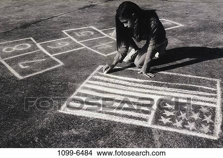 Picture - people, chalk, girl, outdoors, child, draw. Fotosearch